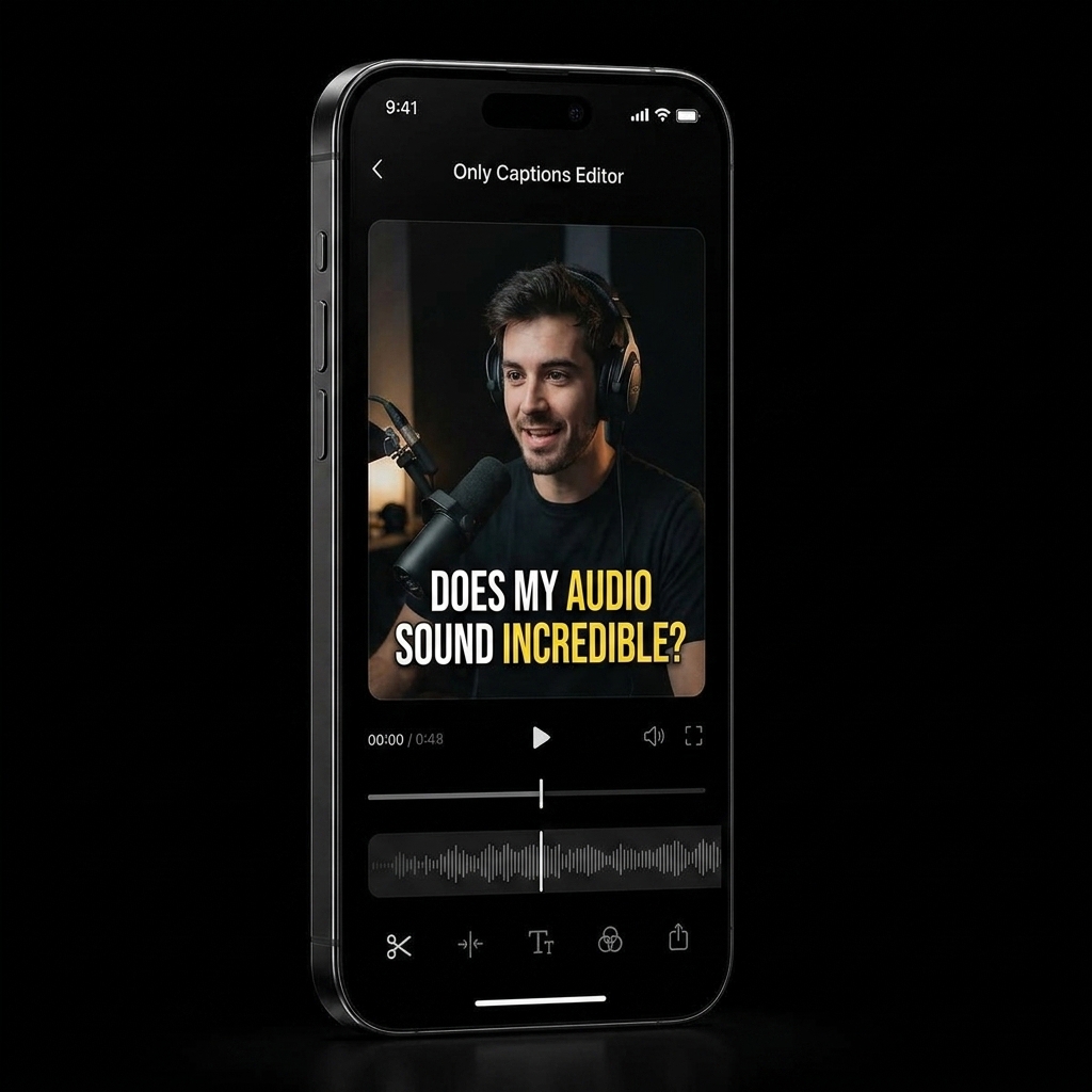 Only Captions iOS app running on dual iPhone frames displaying AI video auto captions and subtitle presets