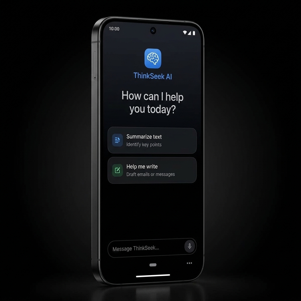 ThinkSeek Android flagship smartphone displaying conversational AI assistant reasoning interface